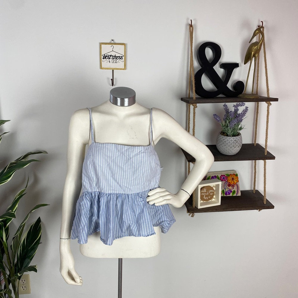 Zara Blue and White Seersucker Babydoll Tank Top
